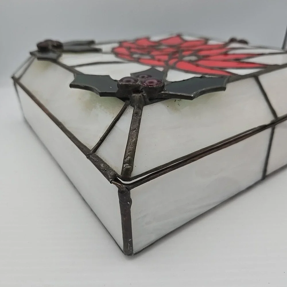 Leaded Stained Glass Hinged Jewelry Box With‎ Christmas Poinsettia
